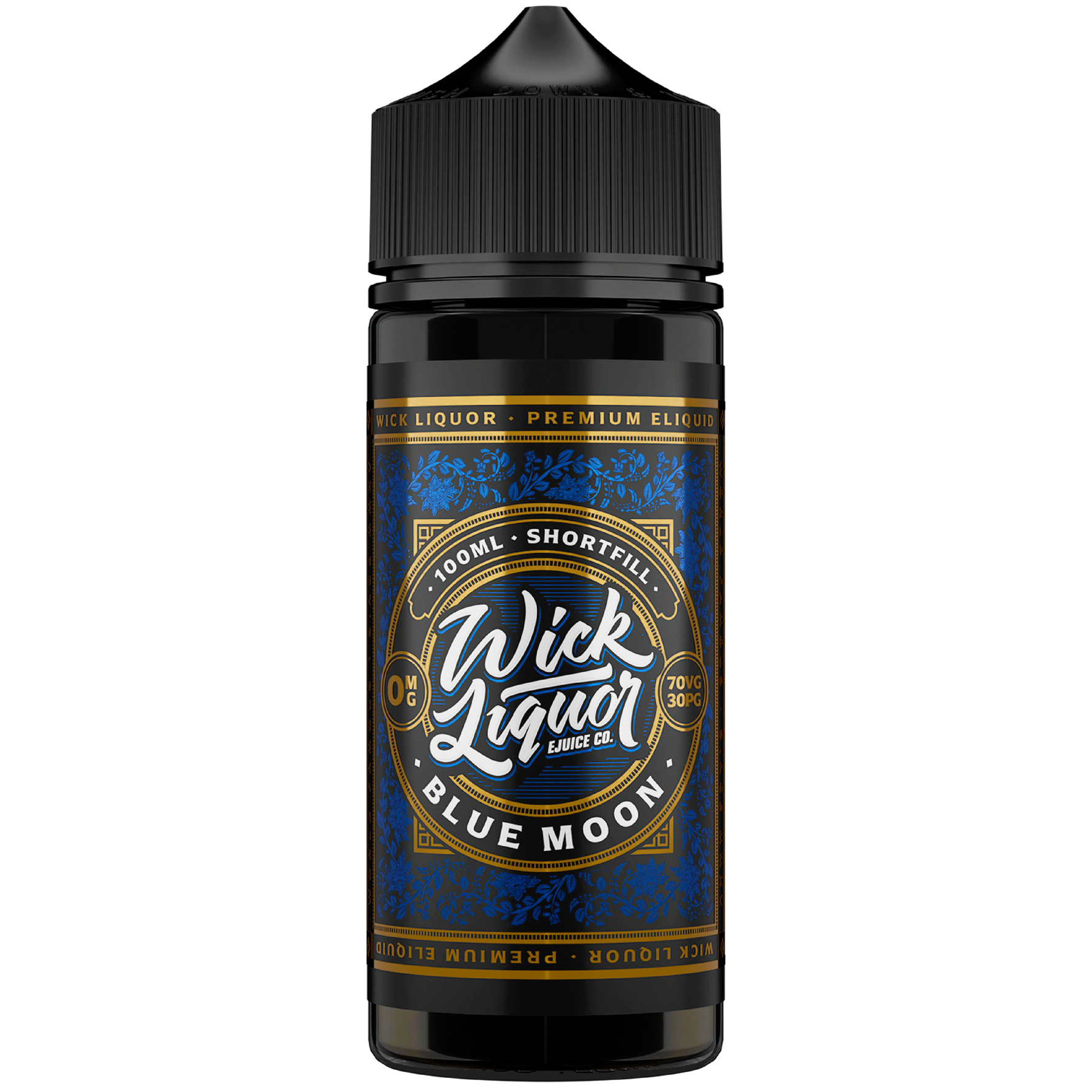Wick Liquor Blue Moon 100ml in 120ml Chubby gorilla bottle with deep blue metallic label and high res wick liquor logo
