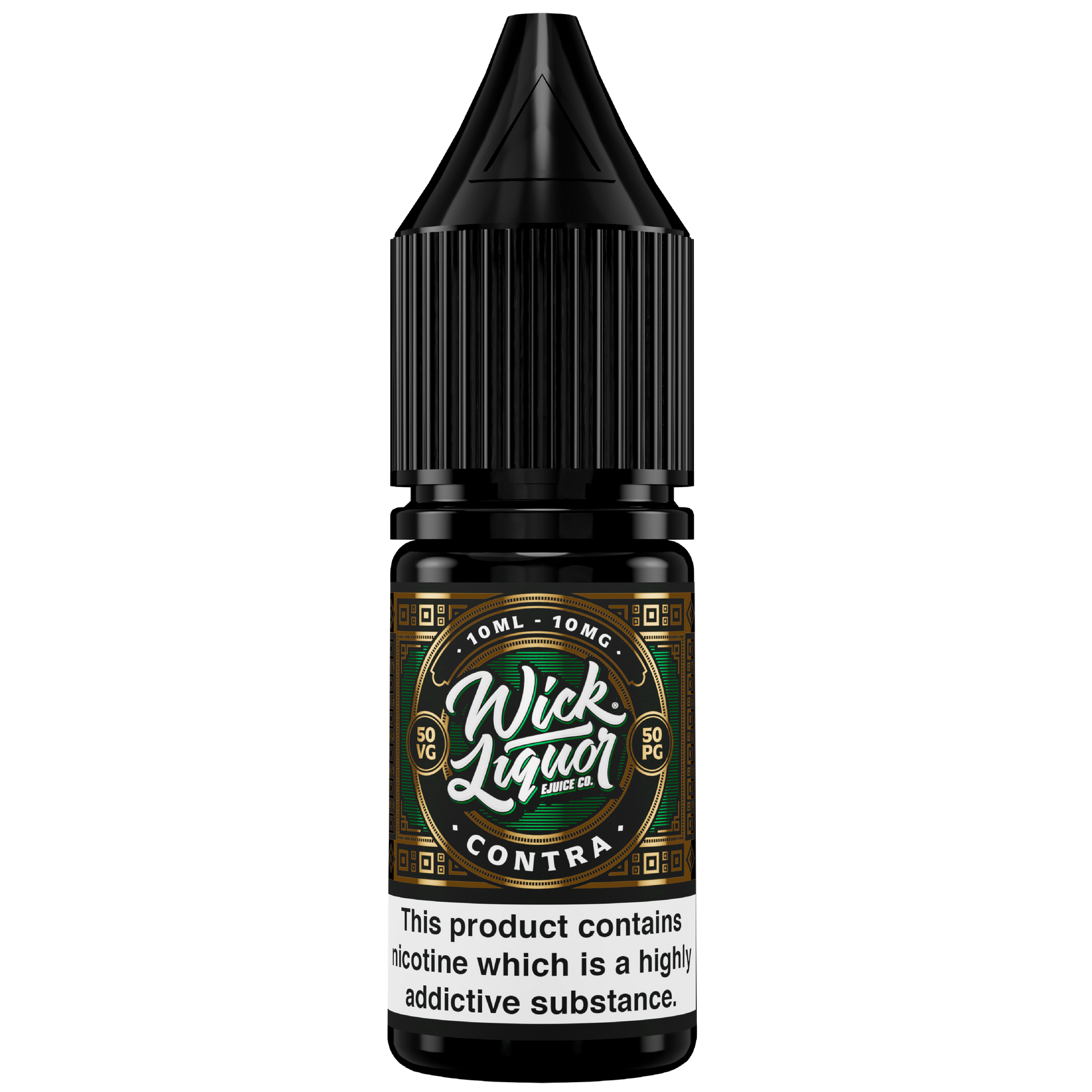 Wick Liquor Contra 10ml NS in 10ml chubby gorilla bottle with green 10mg contra label from IFO Vapes