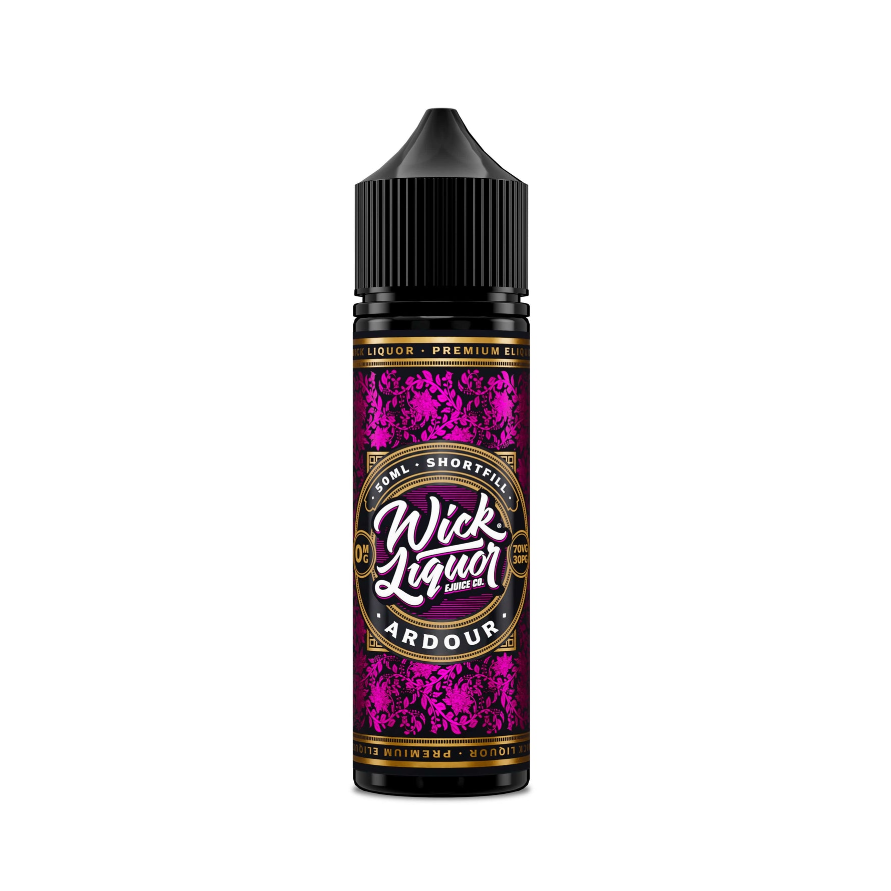Wick Liquor Ardour 50ml shortfill standing up with red chromatic paisley and wick liquor logo front and center