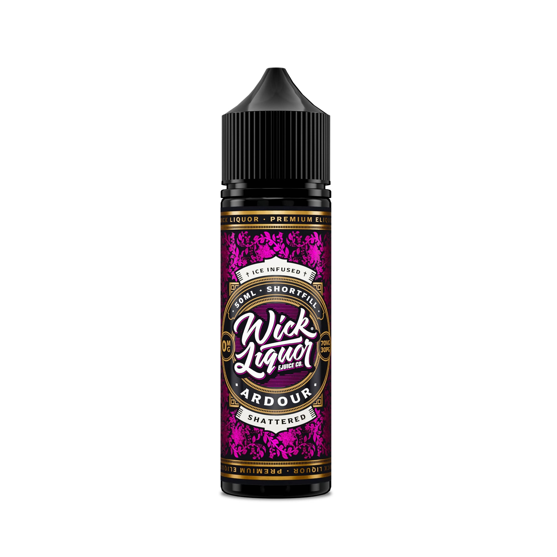 Wick Liquor Ardour Shattered 50ml standing up with red metallic label with detailed paisley and bold wick liquor logo