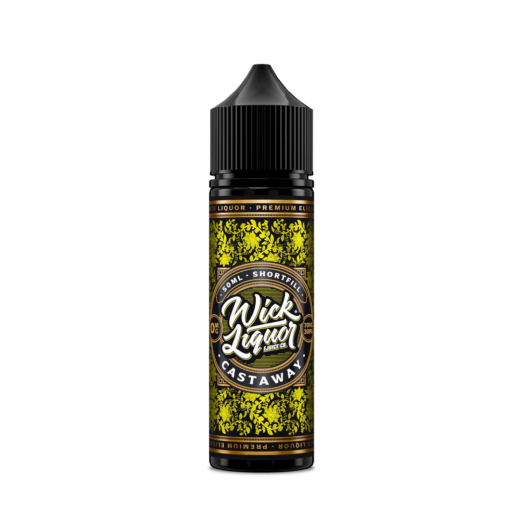 Wick Liquor Castaway 50ml presented in a black chubby gorilla bottle with metallic paisley label wrapped round and bolf wick liquor logo in center.