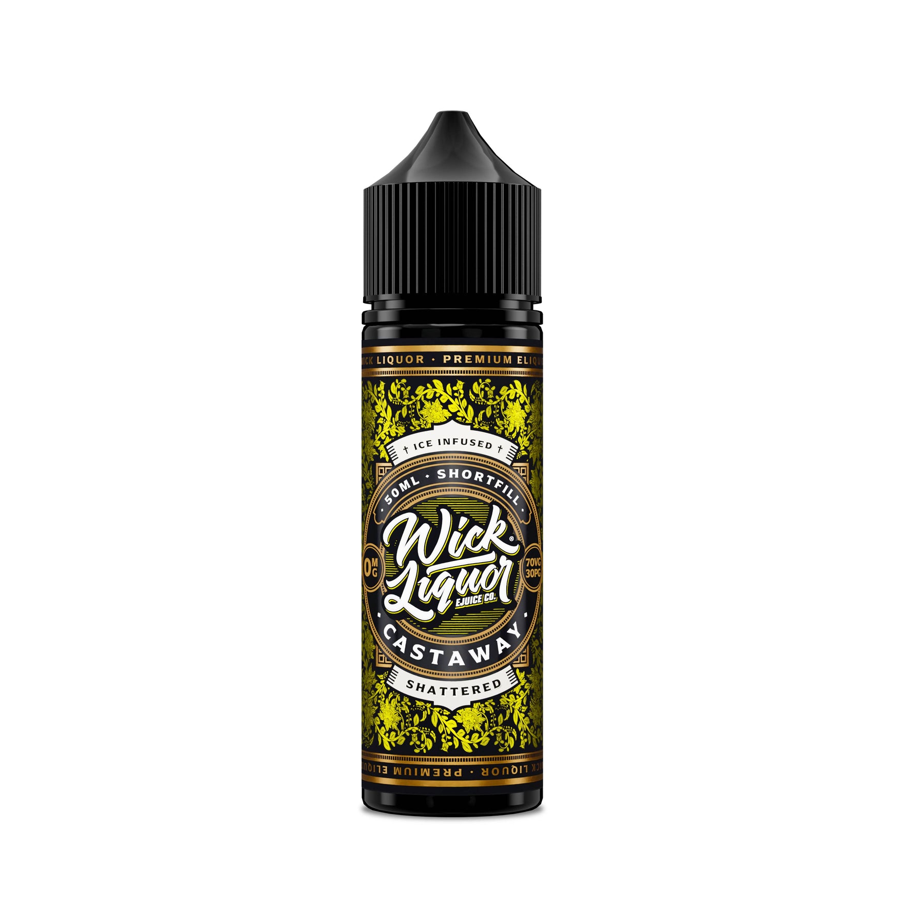 Wick Liquor Castaway Shattered 50ml Shortfill standing up in chubby gorilla bottle with metallic yellow label and bold wick liquor logo