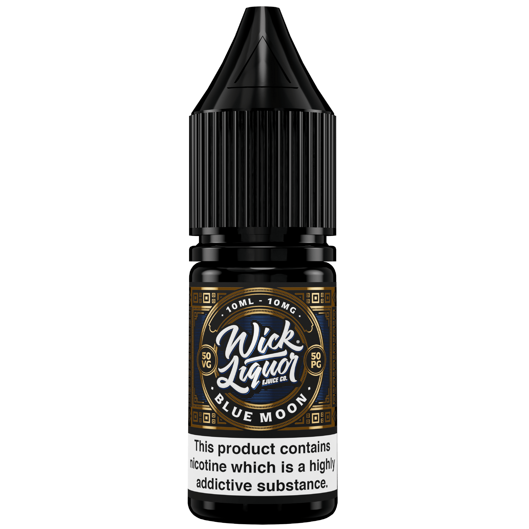 Wick Liquor Blue Moon 10ml NS in 10ml chubby gorilla bottle with deep blue metallic label and bold wick liquor logo