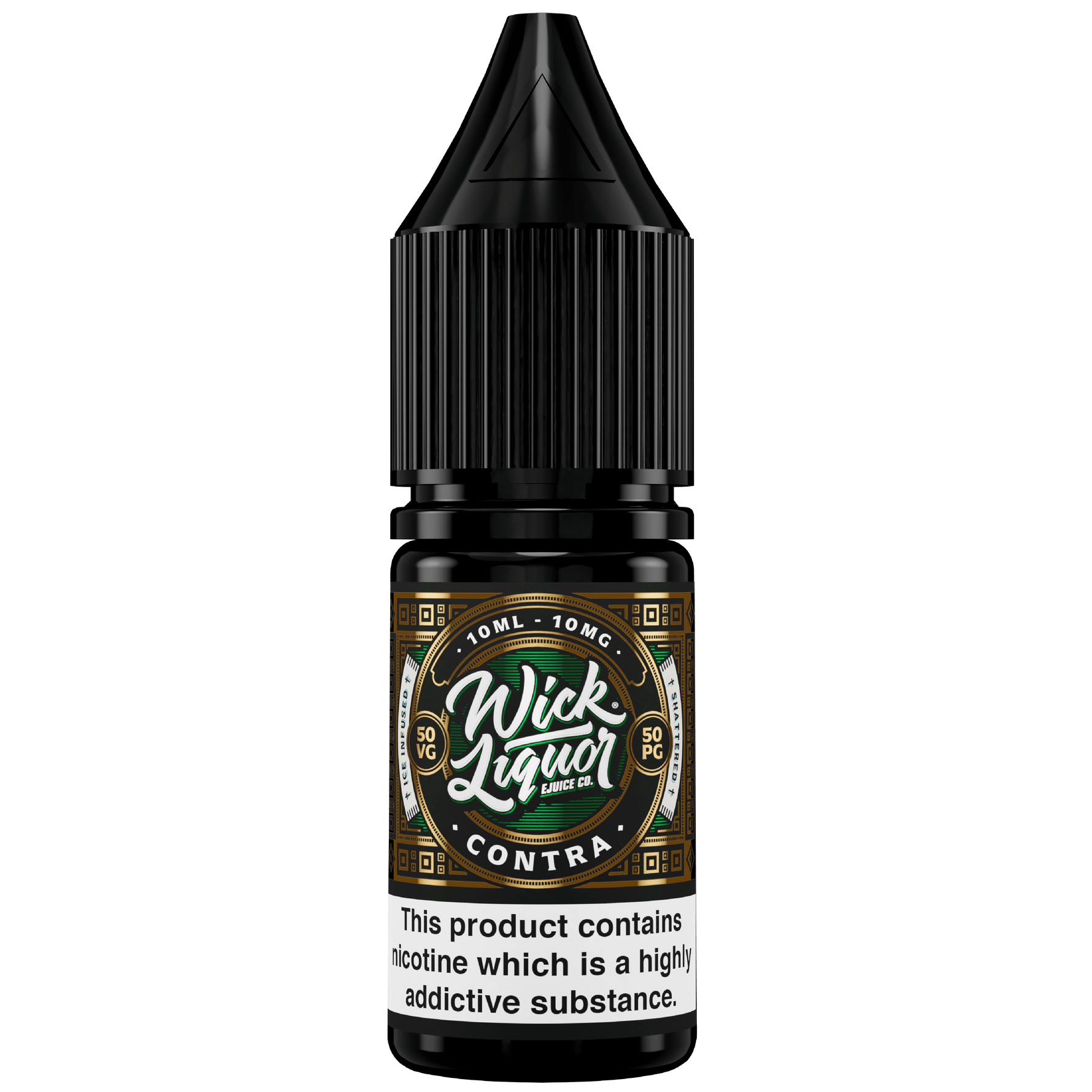 Wick Liquor Contra Shattered 10ml NS in 10ml chubby gorilla bottle with 10ml 10mg contra label in green