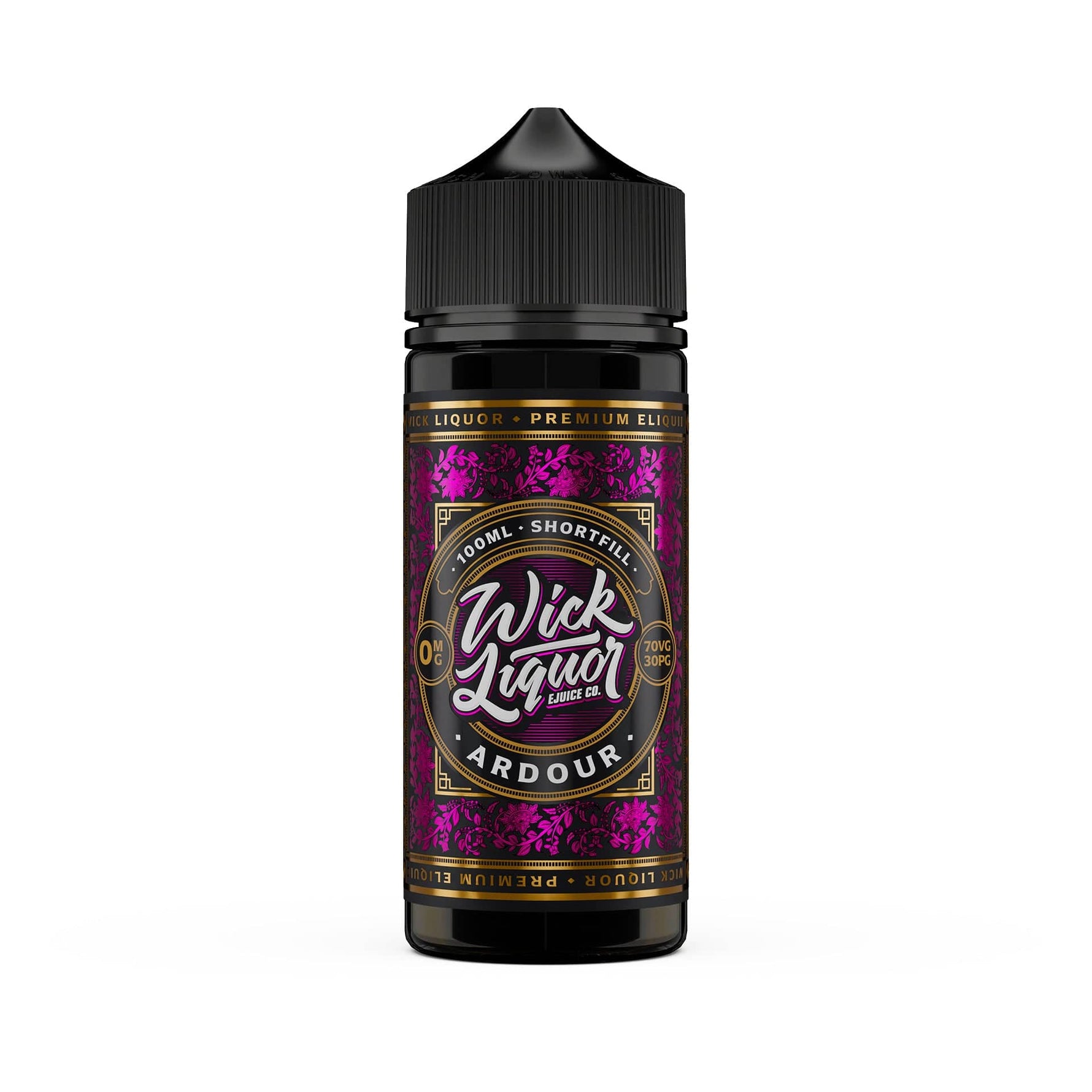 Wick Liquor Ardour 100ml shortfill standing tall with red chromatic paisley label with wick liquor logo front and center