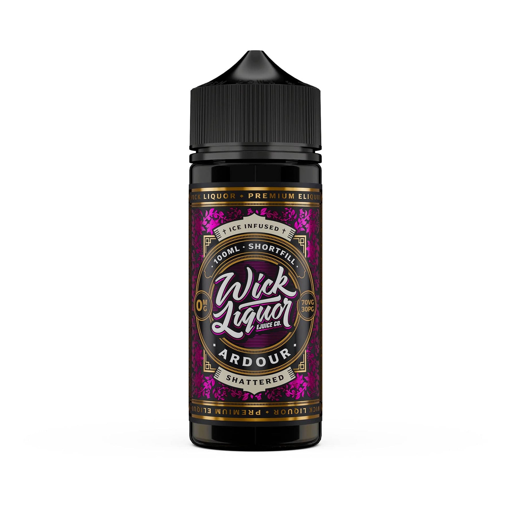 Wick Liquor Ardour Shattered 100ml shortfill with red chromatic paisley with wick liquor shattered logo