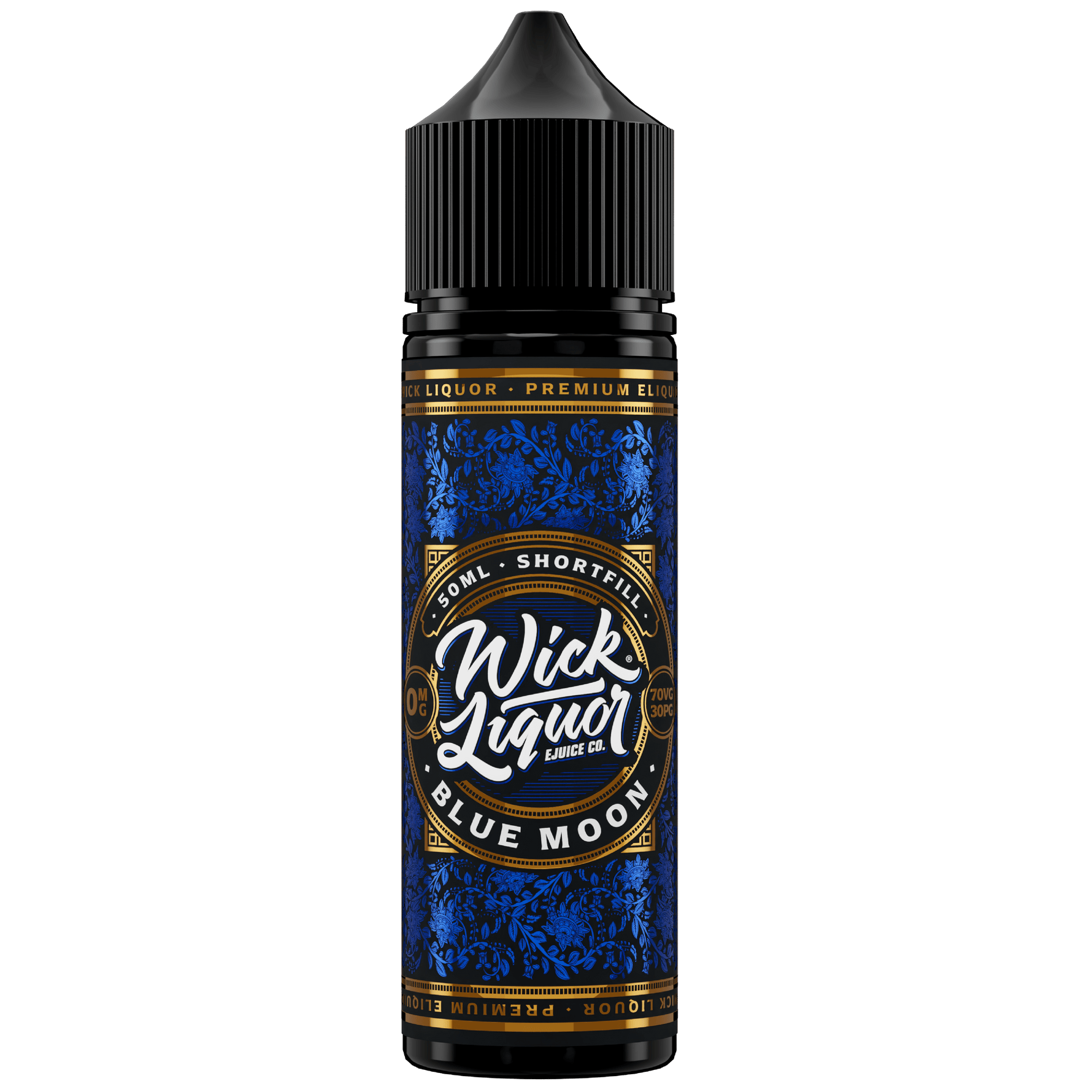 Wick Liquor Blue Moon 50ml Big Block in 60ml chubby gorilla bottle with deep blue metallic label and high res wick liquor logo.