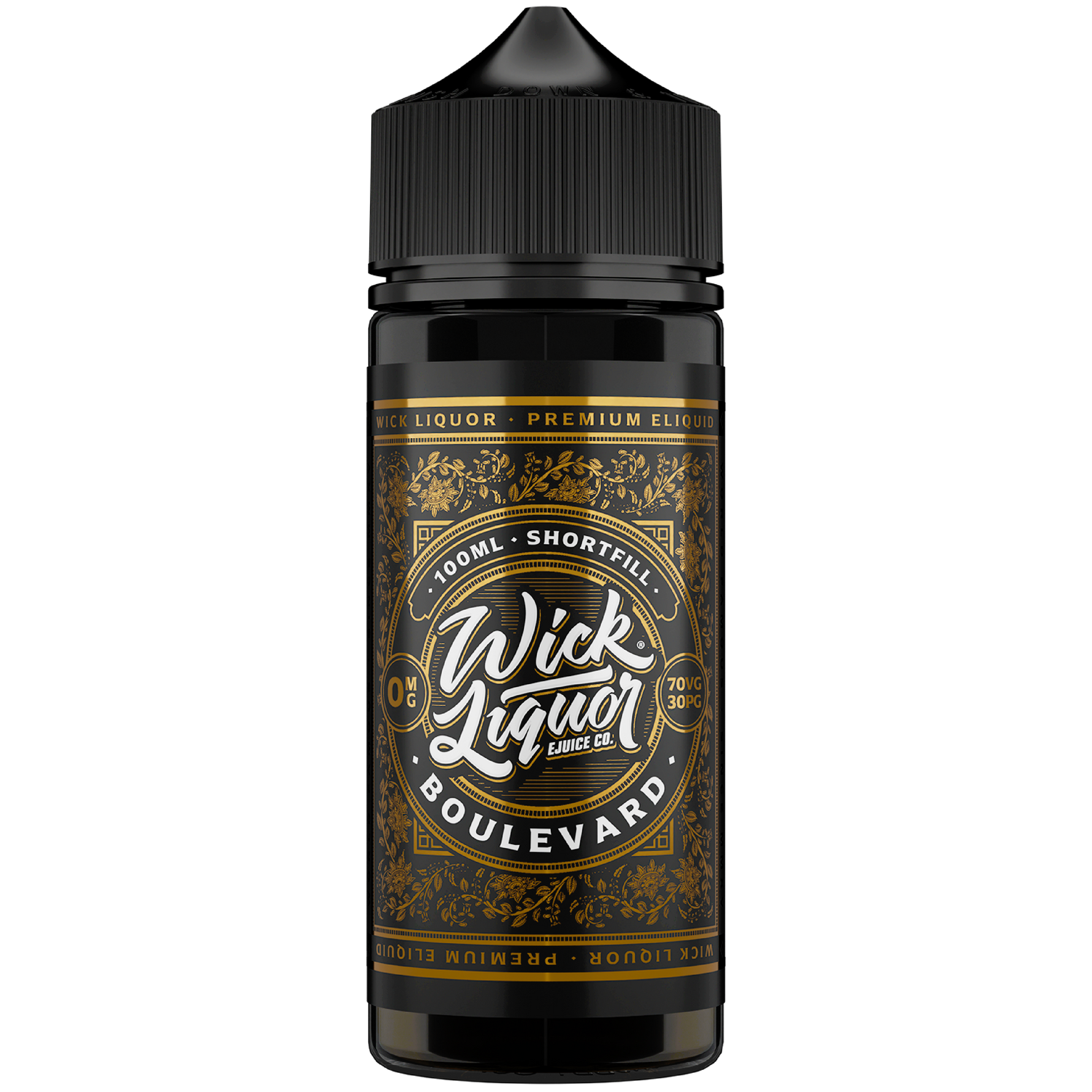 Wick Liquor Boulevard 100ml Shortfill in 100ml chubby gorilla bottle with metallic gold boulevard label with paisley detail and bold wick liquor logo