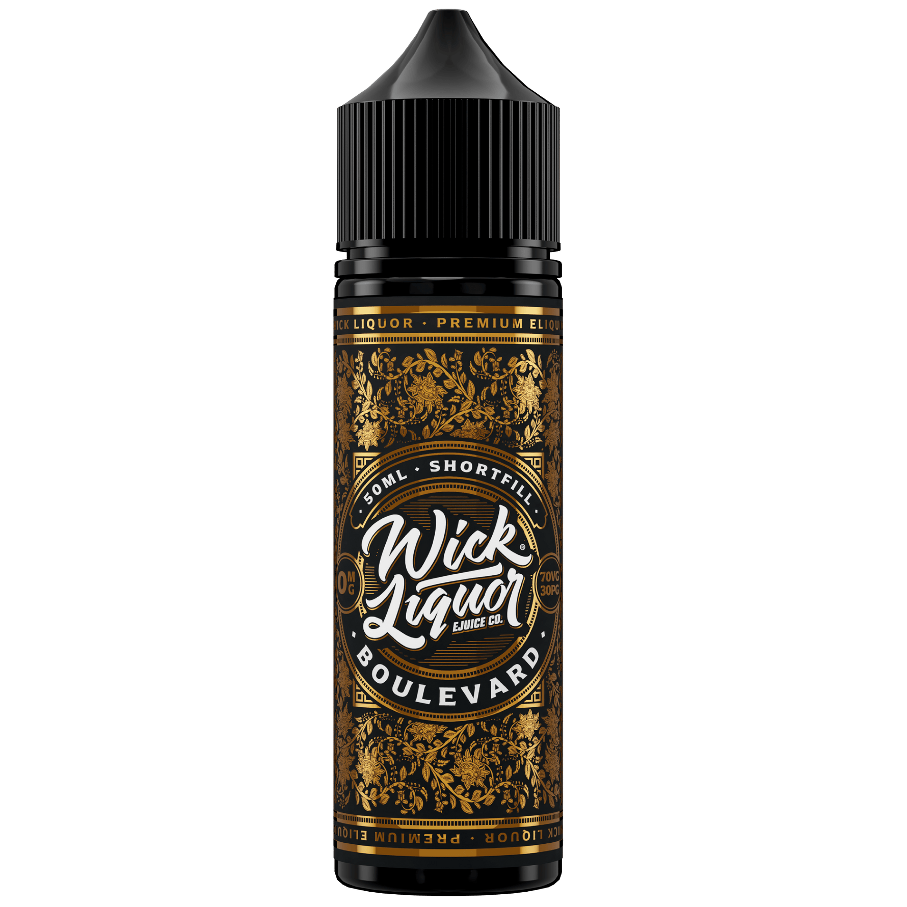 Wick Liquor Boulevard 50ml Big Block in 50ml chubby gorilla bottle with gold metallic 50ml boulevard label with paisley and bolf wick liquor logo
