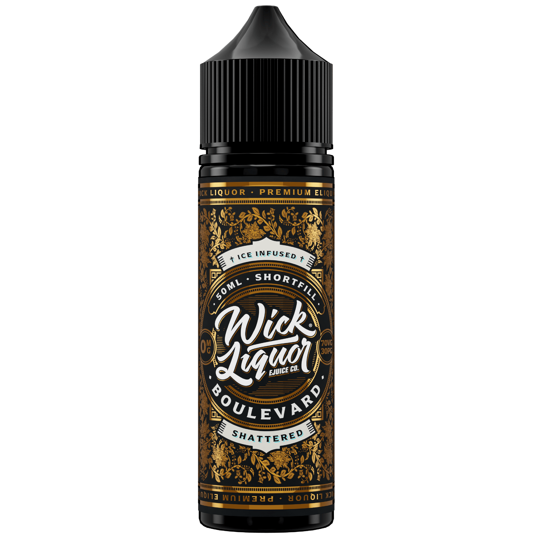 Wick Liquor Boulevard Shattered 50ml big block in 50ml chubby gorilla bottle with gold metallic label incorporating paisley pattern and bold wick liquor logo