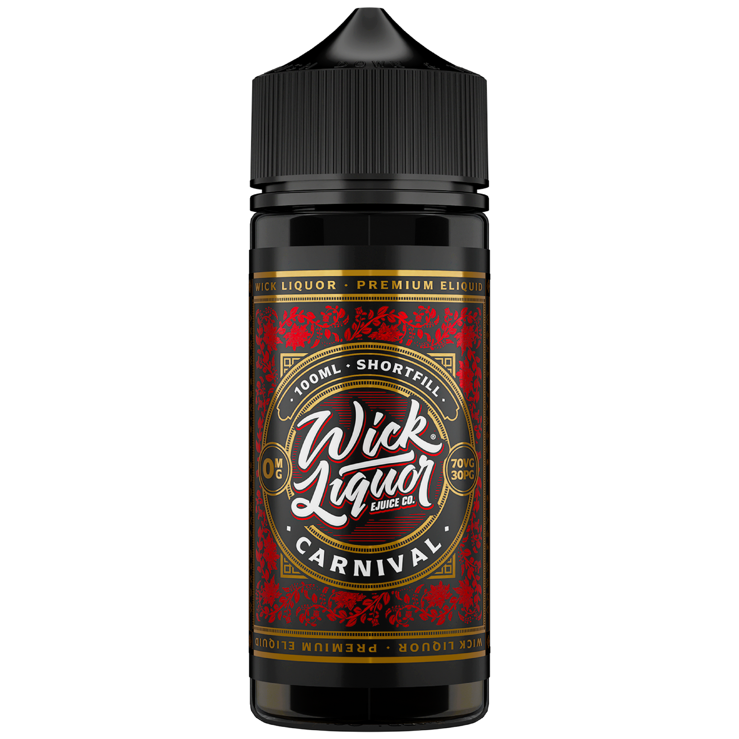 Wick Liquor Carnival 100ml in 120ml Chubby Gorilla bottle with detailed deep red metallic label and high res wick liquor logo