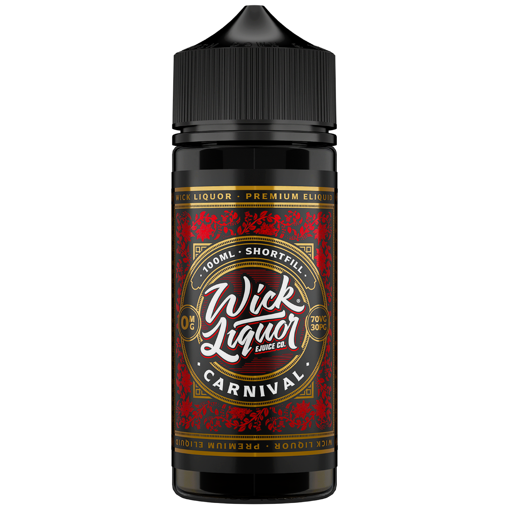 Wick Liquor Carnival 100ml in 120ml Chubby Gorilla bottle with detailed deep red metallic label and high res wick liquor logo