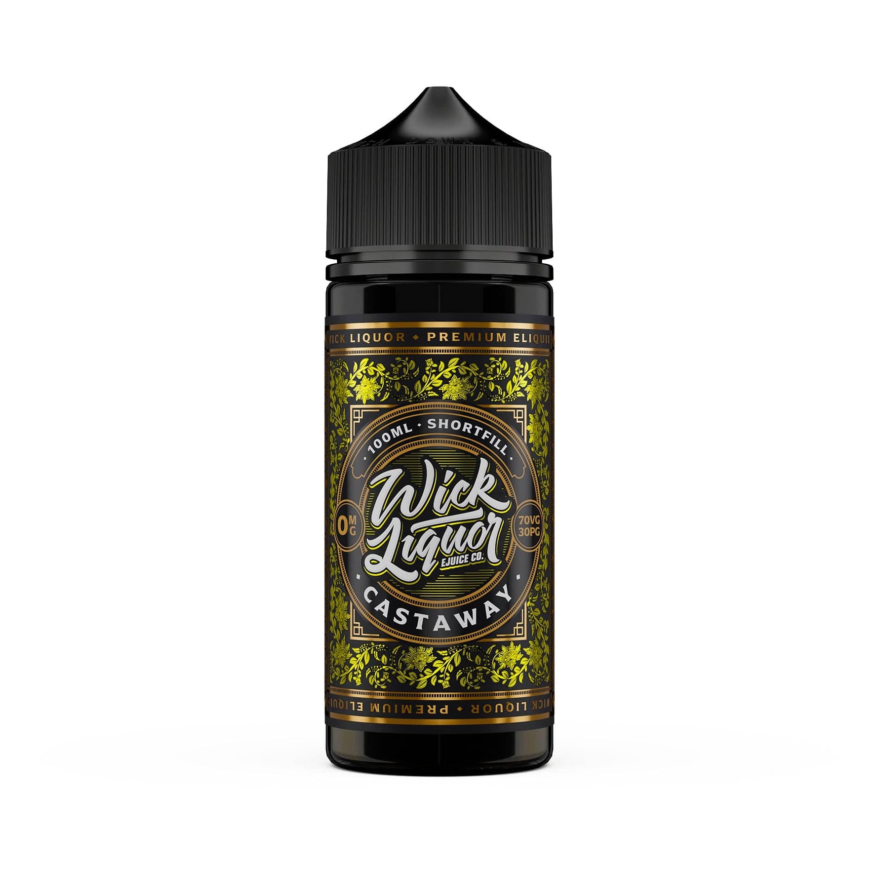 Wick Liquor Castaway 100ml Shortfill IN 100ML CHUBBY GORILLA BOTTLE with metallic yellow wick liquor label and bold wick liquor branding