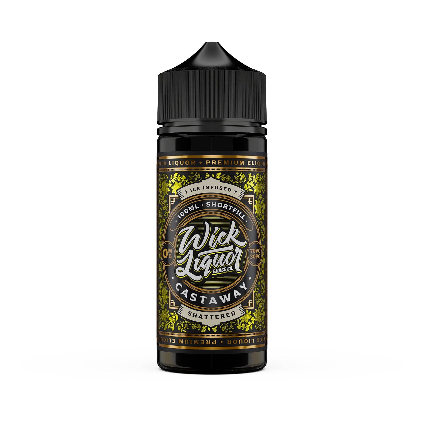 Wick Liquor Castaway Shattered 100ml in chubby gorilla bottle standing up with yellow metallic paisley label and sharp wick liquor logo