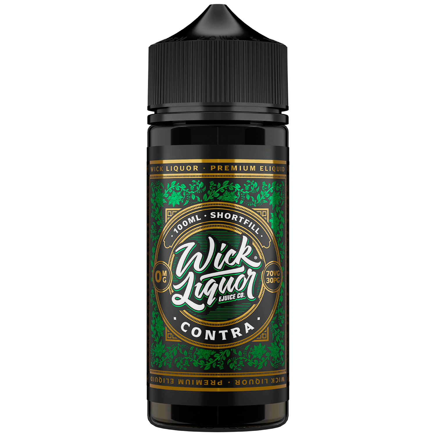 Wick Liquor Contra 100ml IN 100ML CHUBBY GORILLA BOTTLE WITH 100ML GREEN METALLIC CONTRA LABEL AND BOLD WICK LIQUOR LOGO