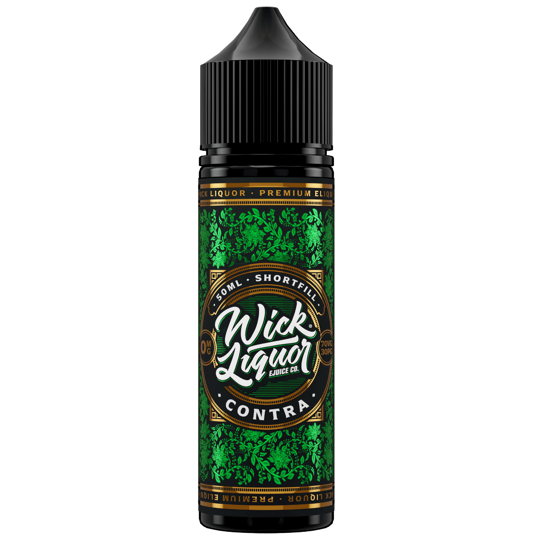 Wick Liquor Contra 50ml Big block in a 60ml chubby gorilla botttle with metallic green contra label with paisley details and bold wick liquor logo available at ifo vapes