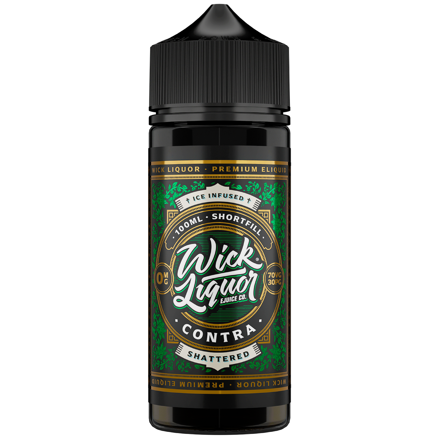 Wick Liquor Contra Shattered 100ml IN 100ML CHUBBY GORILLA bottle with green metallic 1000ml label with paisley details and bold wick liquor logo