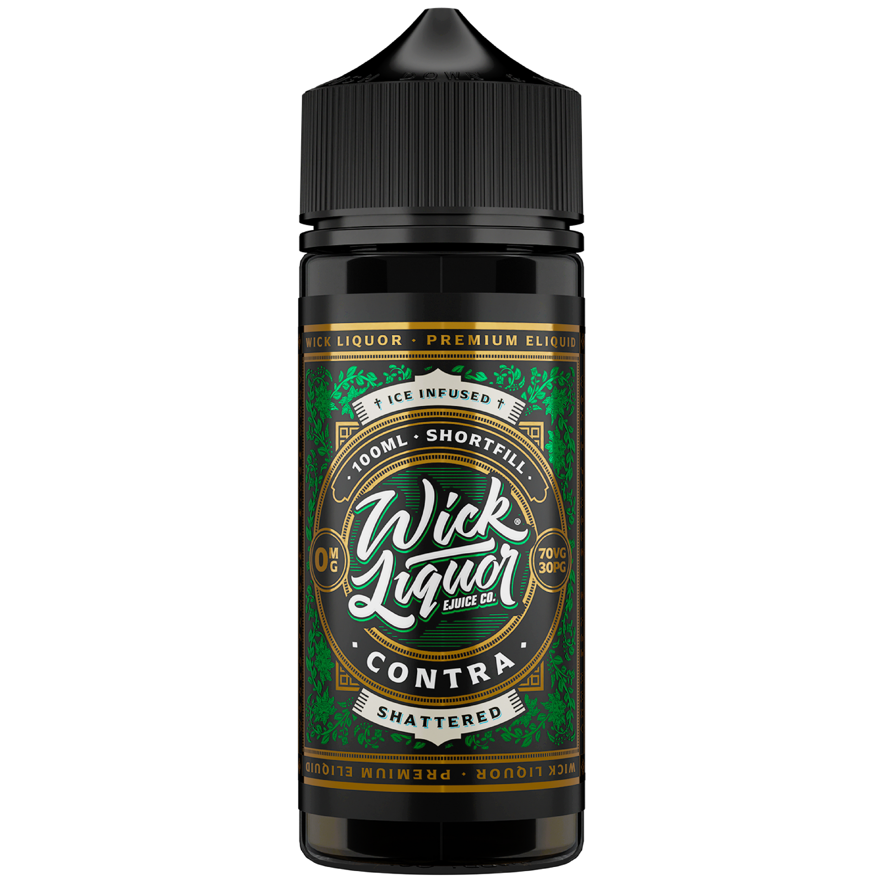 Wick Liquor Contra Shattered 100ml IN 100ML CHUBBY GORILLA bottle with green metallic 1000ml label with paisley details and bold wick liquor logo