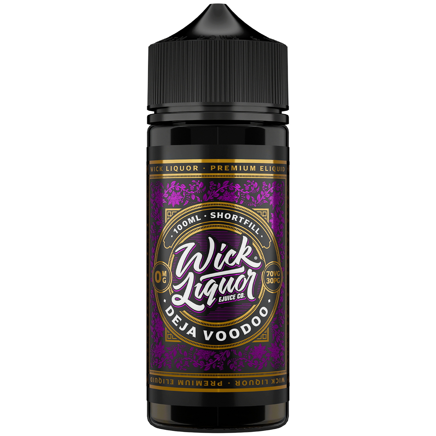 Wick Liquor Deja Voodoo 100ml IN 100ml chubby gorilla bottle with metallic purple label and paisley details with wick liquor logo