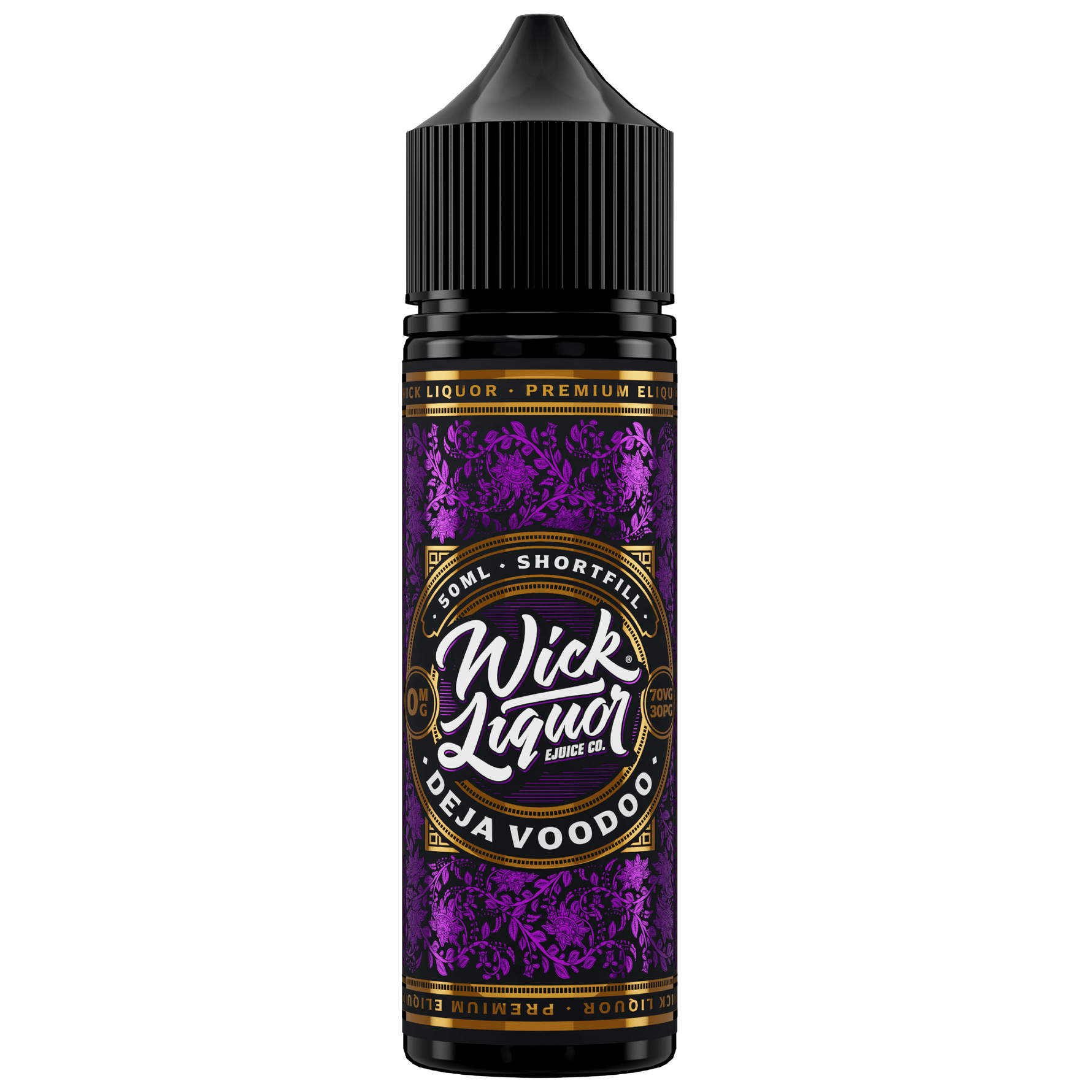 Wick Liquor Deja Voodoo 50ml in a 60ml chubby gorilla bottle with deep metallic purple label with paisley detail and bolf wick liquor logo.